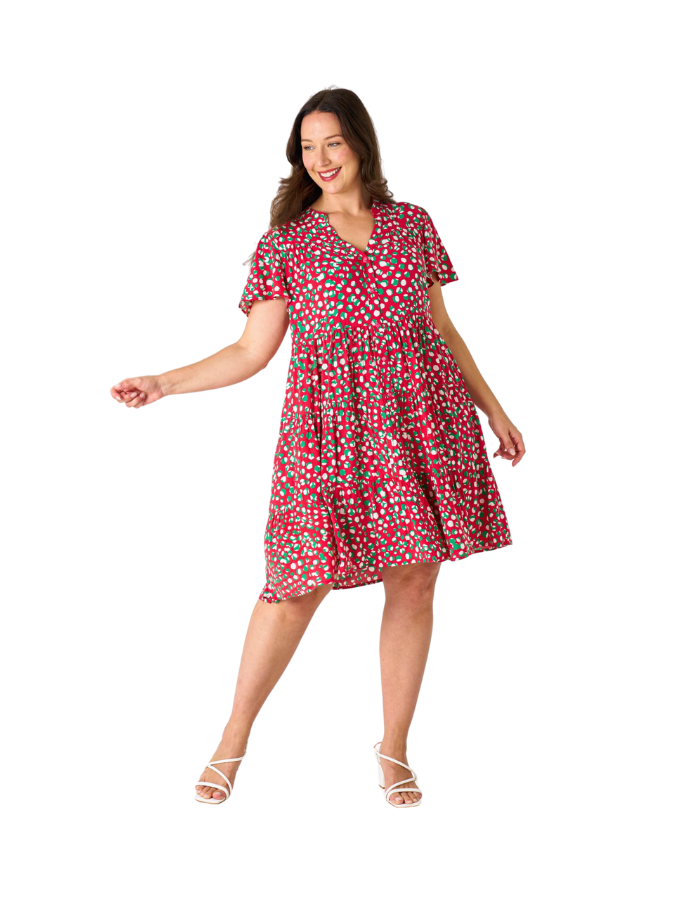 Dotty Tier Dress Red Green Dot Dresses Boho S(8-10)  