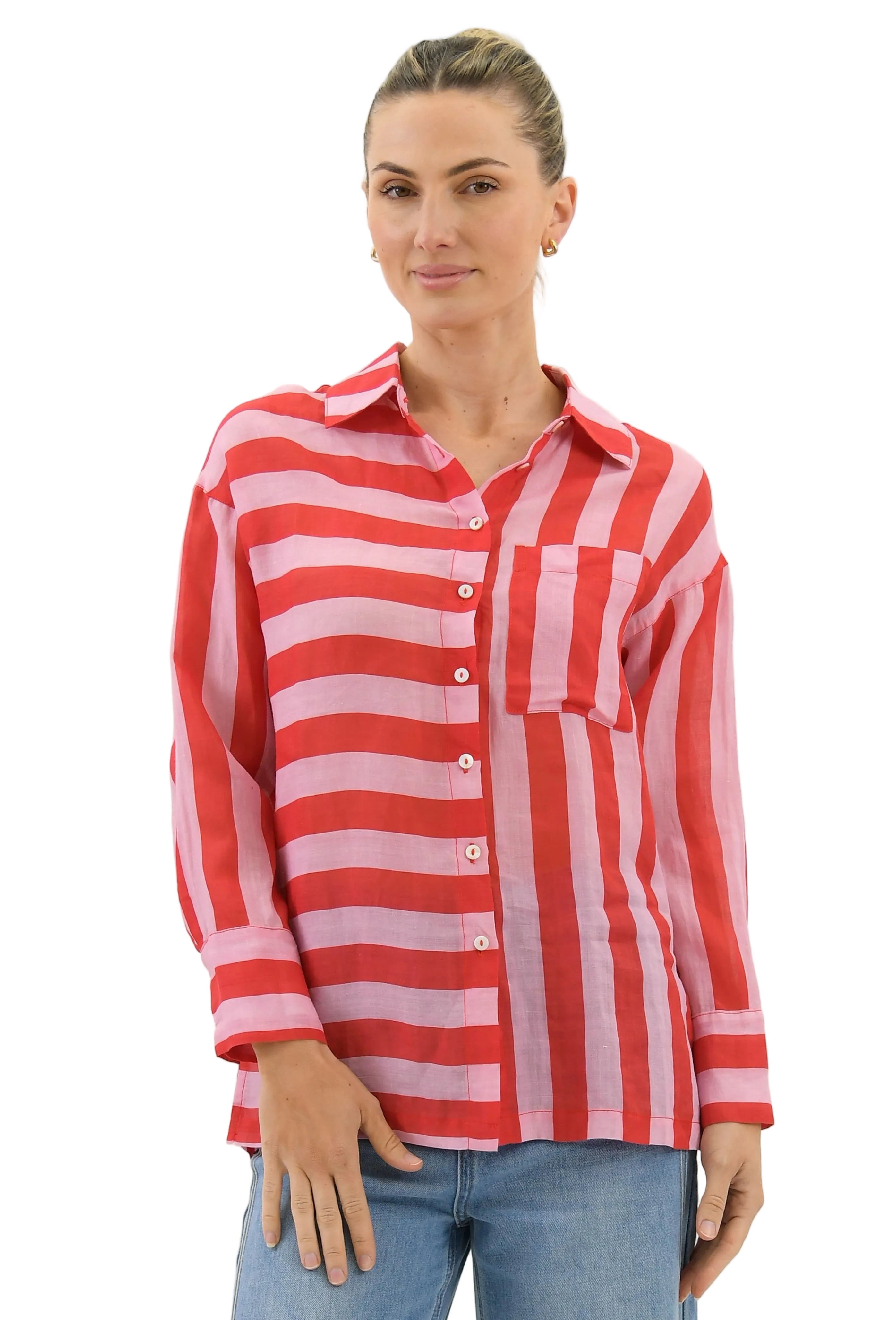 Faye Striped Linen Shirt Pink/Red Tops Worthier S/M(8-10)