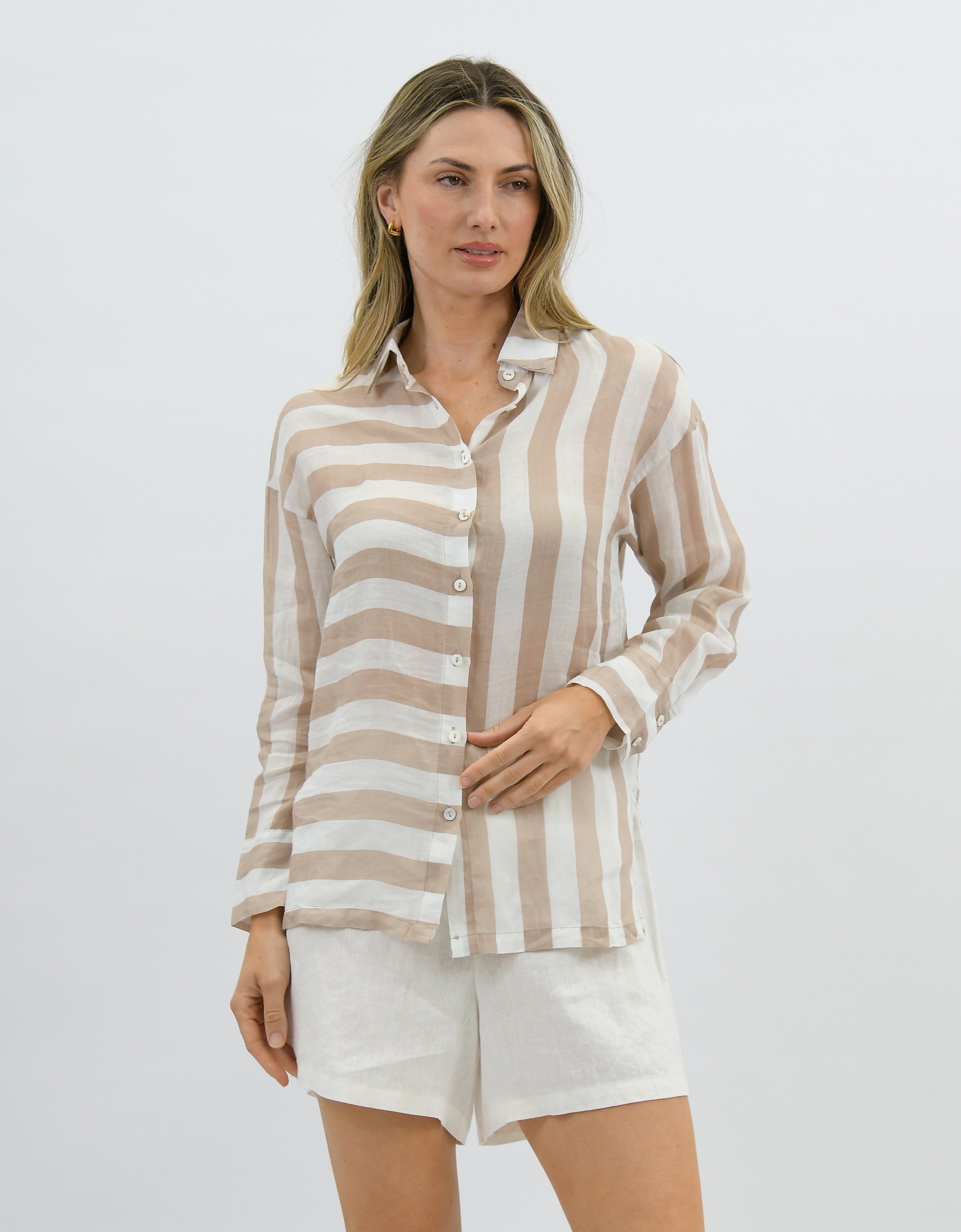 Nell Stripped Linen Shirt Beige / White Tops Worthier S/M(8-12)