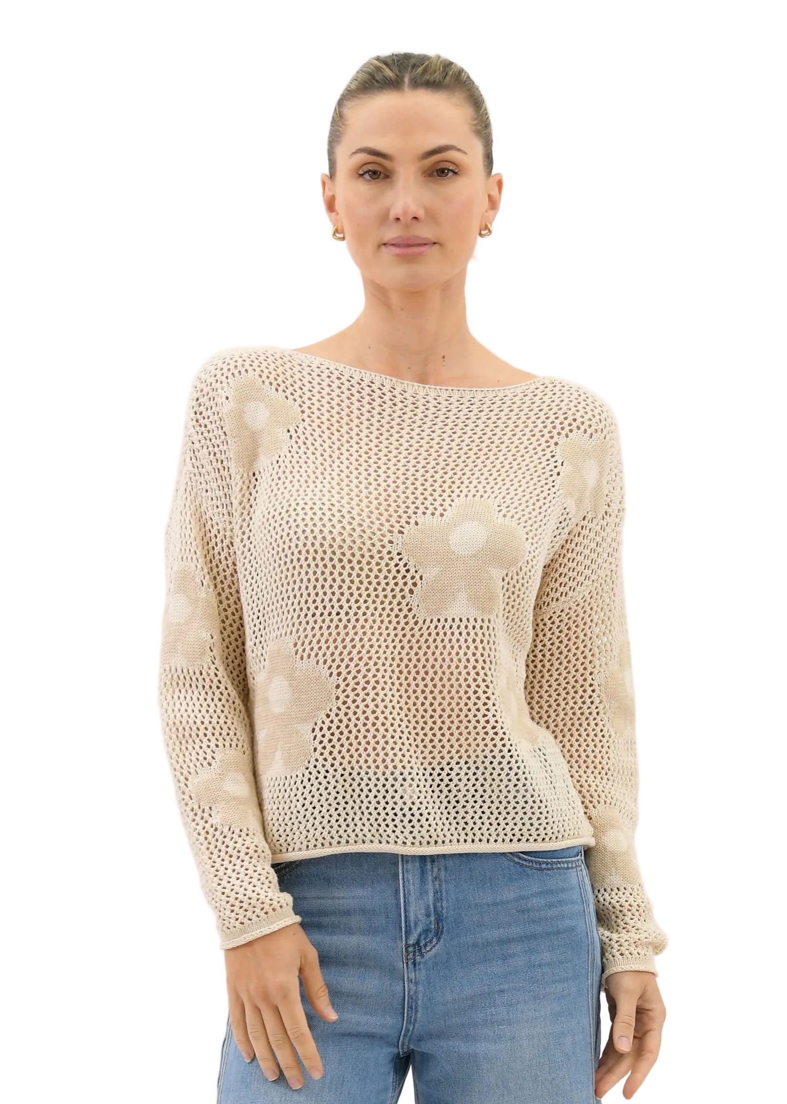 Rae Daisy Print Linen/Cotton Knit Cardi Beige - Global Free Style