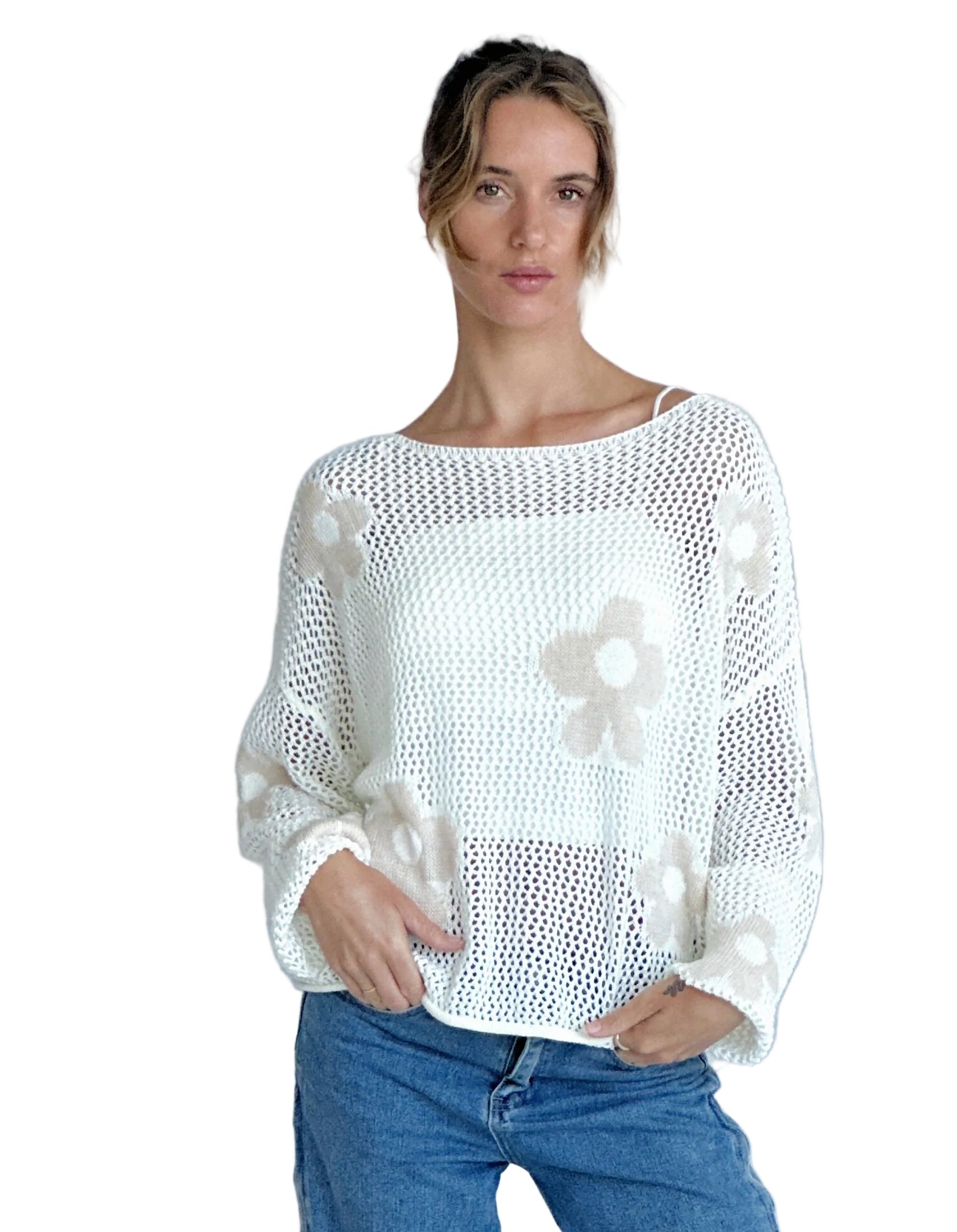 Rae Daisy Print Linen/Cotton Knit Cardi White - Global Free Style