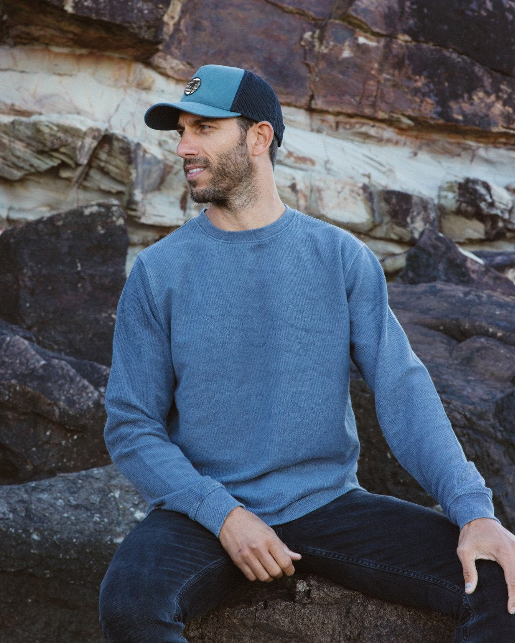 Dark Slate Blue French Terry Ribbed Sweater - Global Free Style