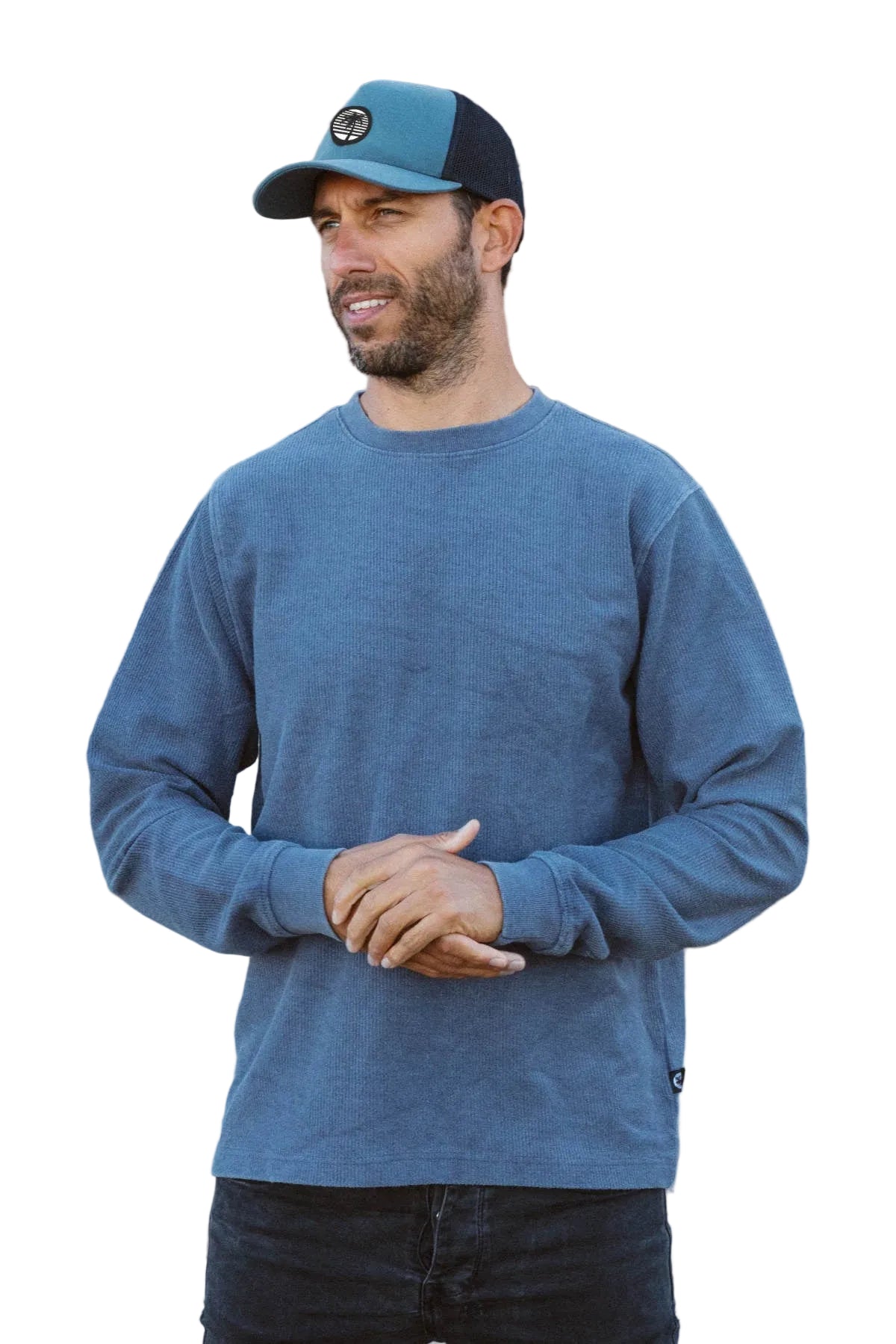 Dark Slate Blue French Terry Ribbed Sweater - Global Free Style