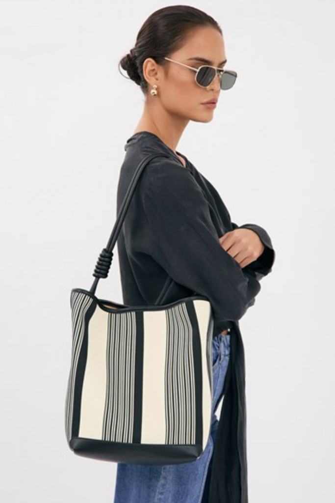 Grier Stripe Canvas Bucket Bag Black Cream Bags and Purses Adorne