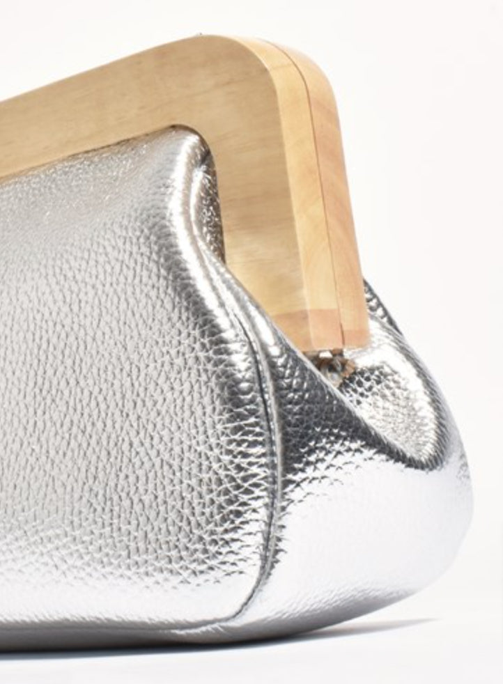 Kimmi Timber Frame Clutch Silver Bags and Purses Adorne   