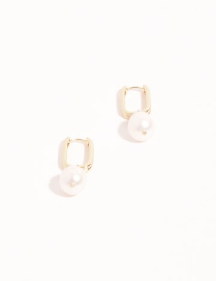 Rectangle Link Pearl Drop Earrings Cream/Gold Earrings Adorne
