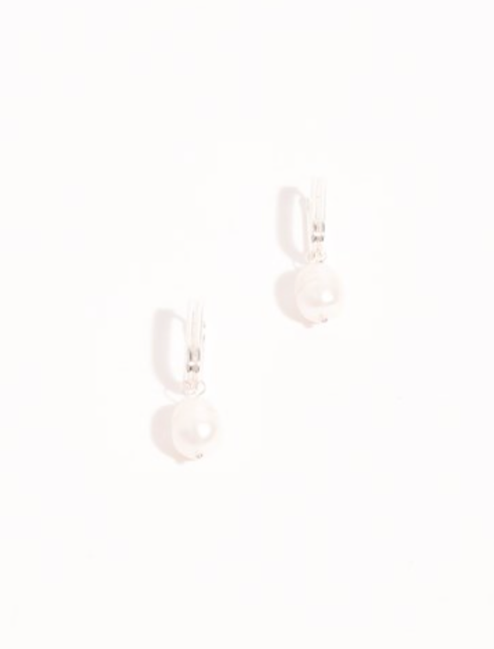 Rectangle Link Pearl Drop Earrings Cream/Silver Earrings Adorne