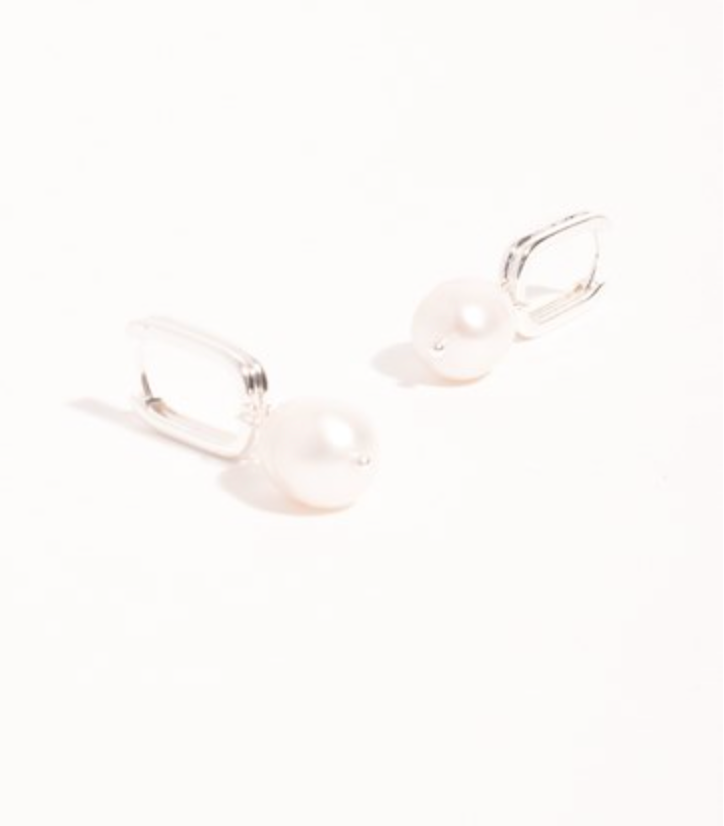 Rectangle Link Pearl Drop Earrings Cream/Silver Earrings Adorne