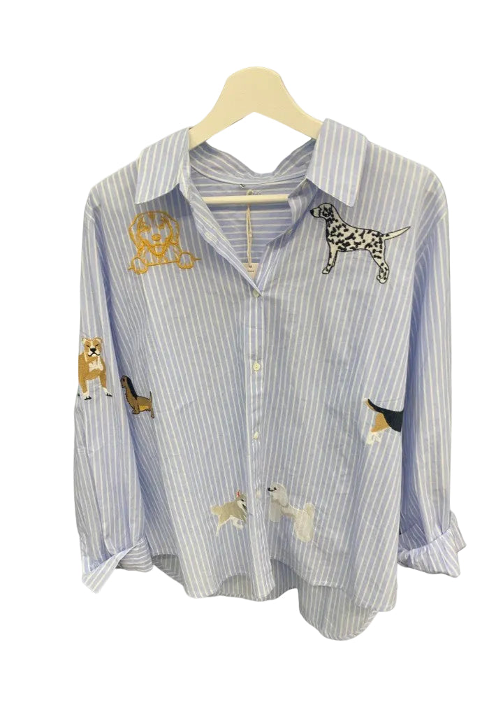 Zoda Embroidery Shirt Blue and White Dogs Tops Zoda S/M