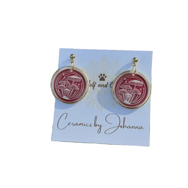 Mushroom Earrings Red, Gold alloy stud Earrings Wolf and Clay