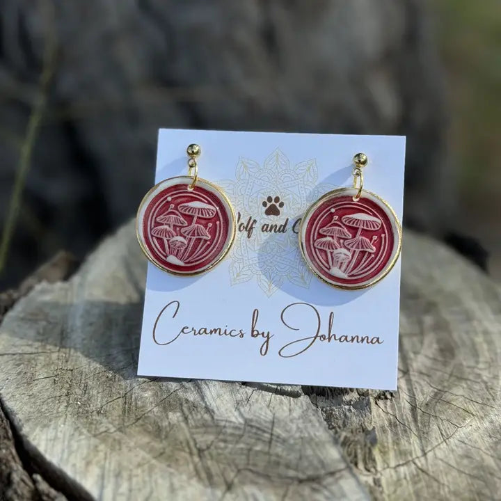 Mushroom Earrings Red, Gold alloy stud Earrings Wolf and Clay