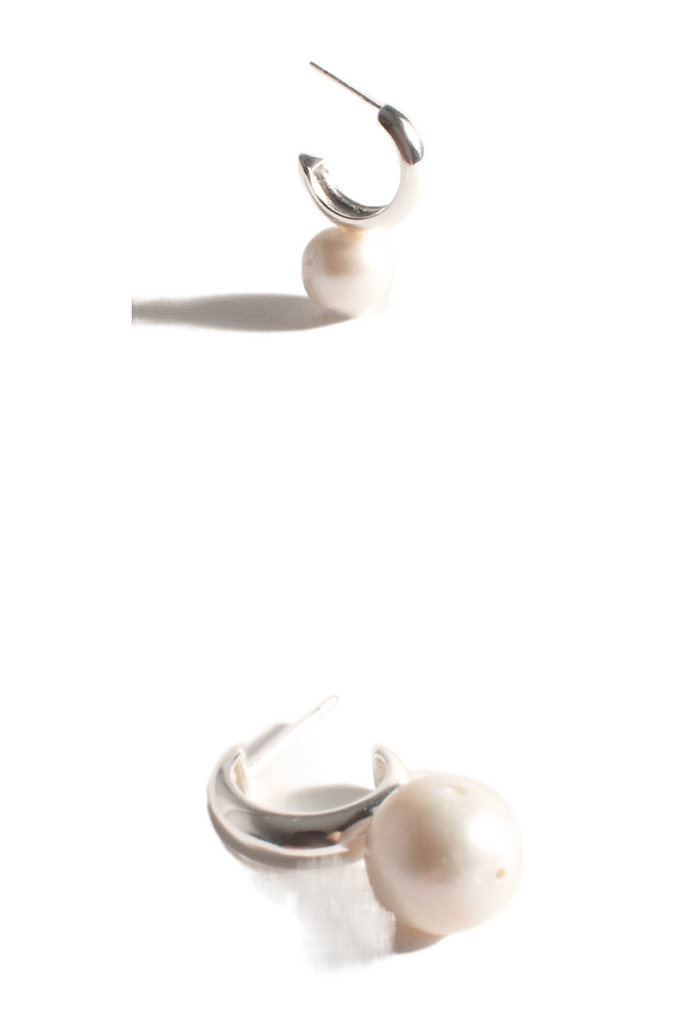 Marina Pearl Drop Chubby Hoops Cream/Silver Earrings Adorne   