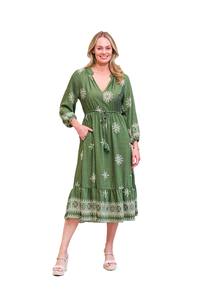 Solstice Midi Dress Green Print Dresses Boho   