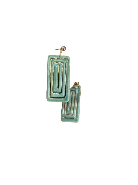 Ceramic Earrings Rectangle with Gold Blue/Green - Gold Plated Posts Earrings Wolf and Clay