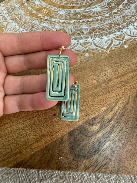 Ceramic Earrings Rectangle with Gold Blue/Green - Gold Plated Posts Earrings Wolf and Clay