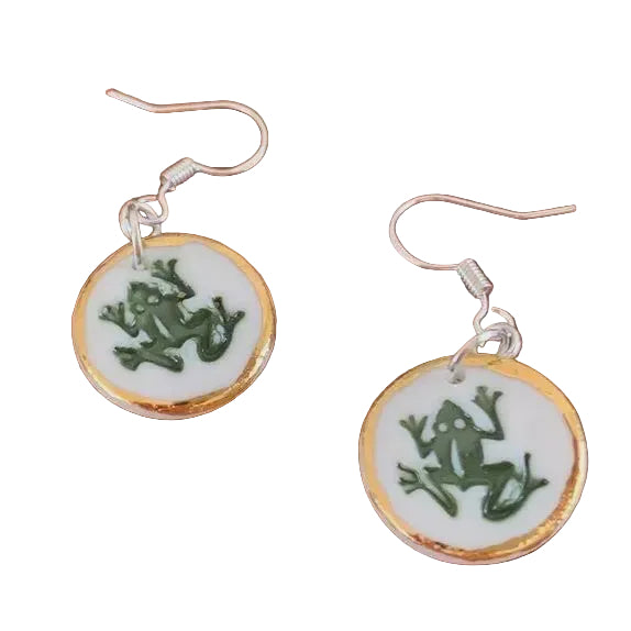 Frog with Gold Porcelain Earrings Frog Earrings Wolf and Clay