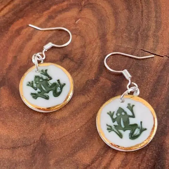 Frog with Gold Porcelain Earrings Frog Earrings Wolf and Clay