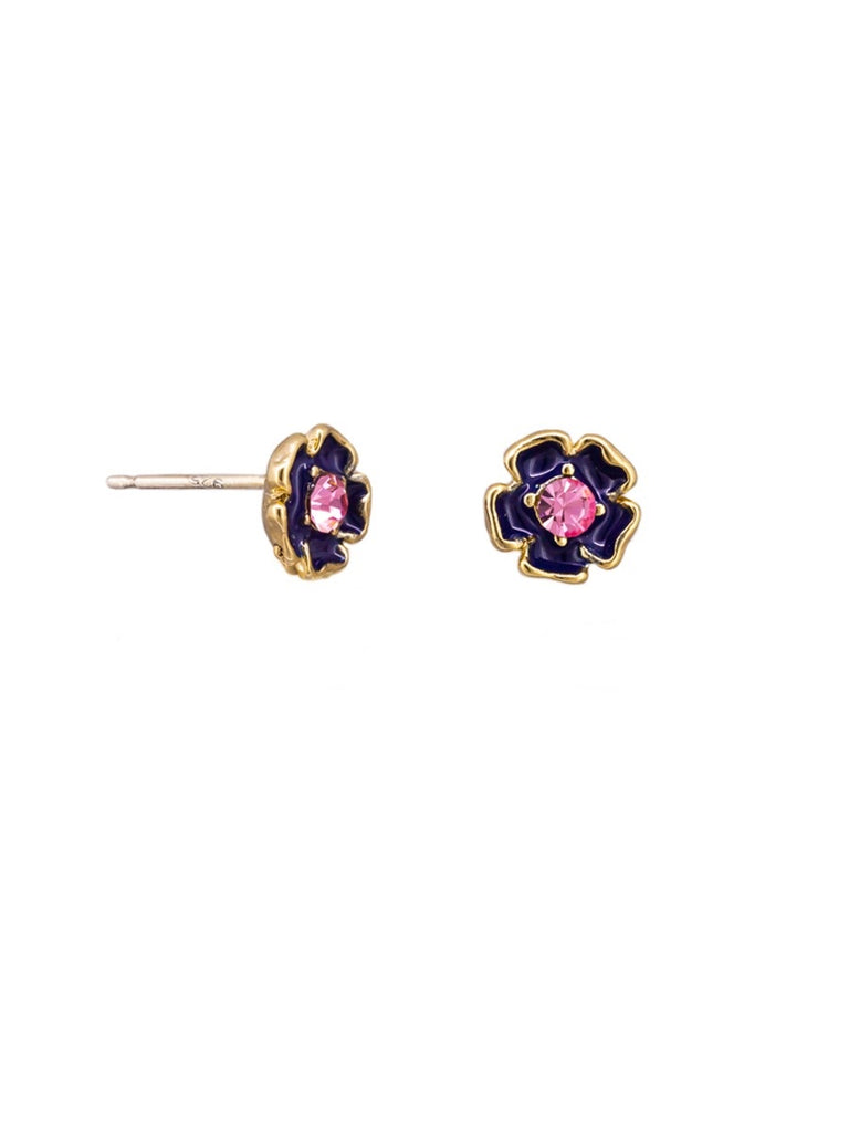 Navy Enamel and Crystal Flower Studs Earrings Tiger Tree