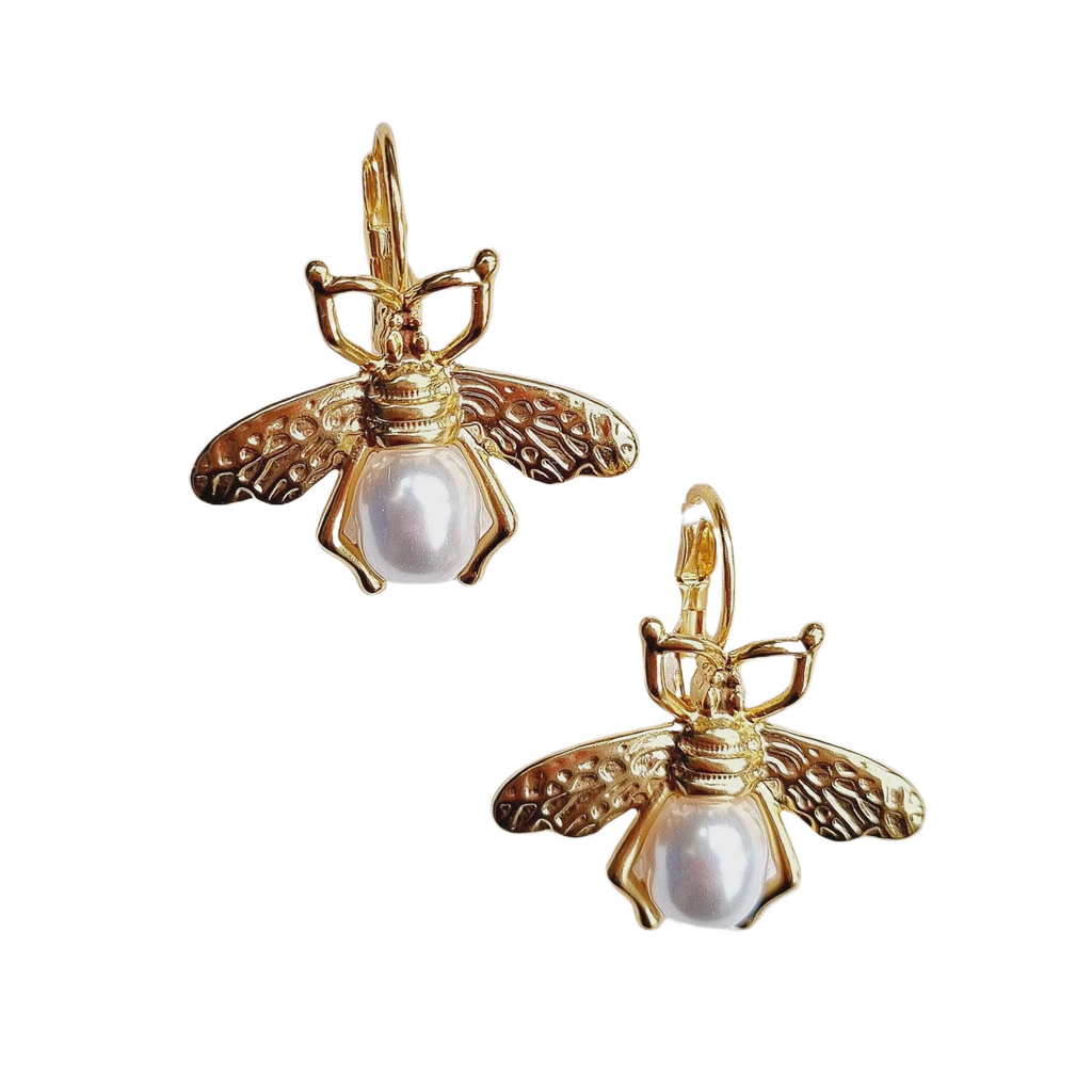 Gold Bee Pearl French Clip Earring Earrings Zoda   