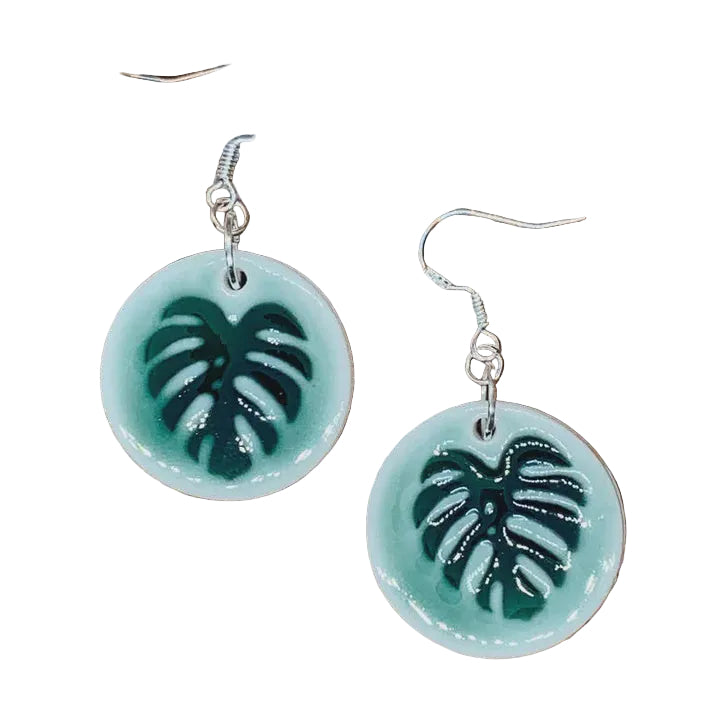 Monstera leaf imprintn Porcelain Earrings Earrings Wolf and Clay