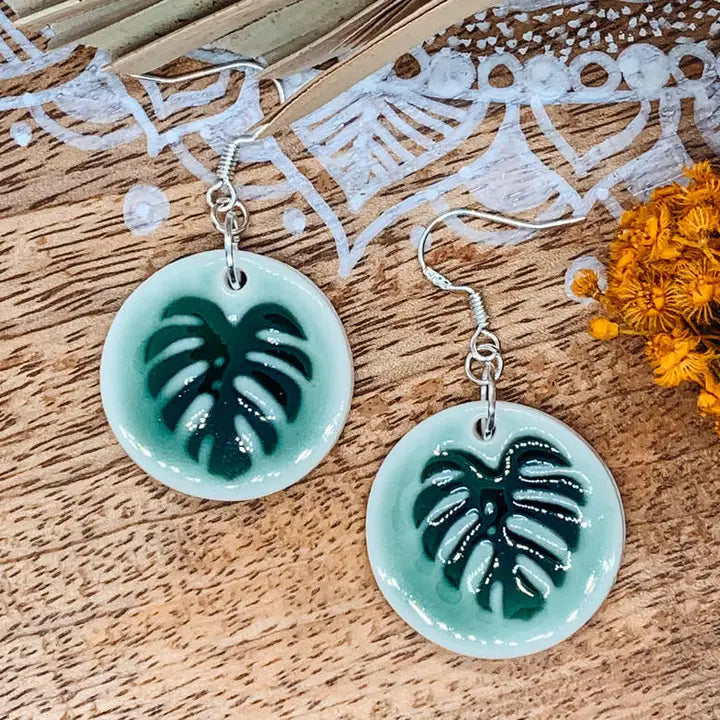 Monstera leaf imprintn Porcelain Earrings Earrings Wolf and Clay