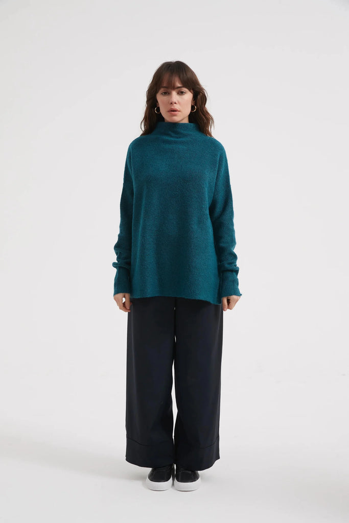 Funnel Neck Easy Knit Teal Blue Tops Tirelli   