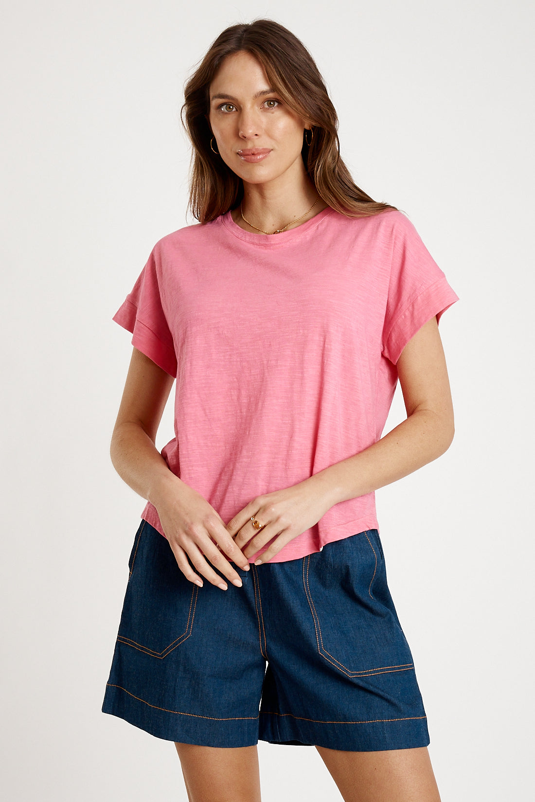 T-shirt Plain Round Neck Carnation Tops Ibisa