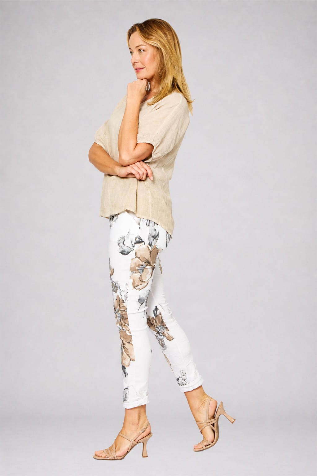Mesh Panel Short Sleeve Top Beige Tops La Strada