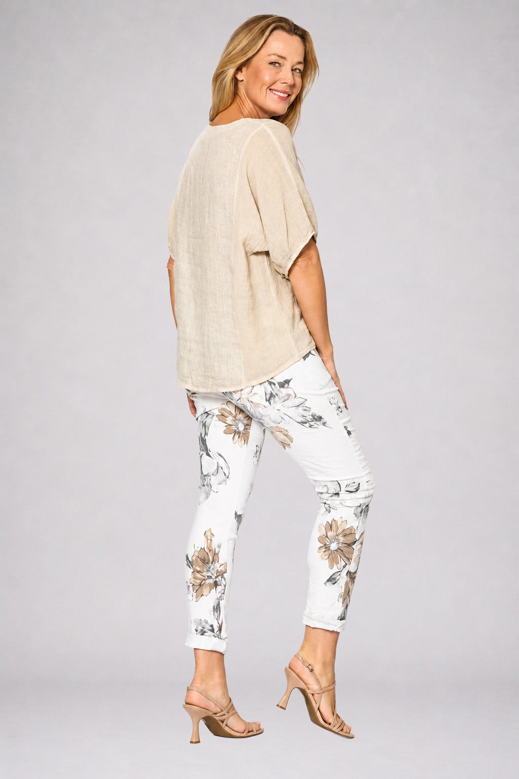 Mesh Panel Short Sleeve Top Beige Tops La Strada