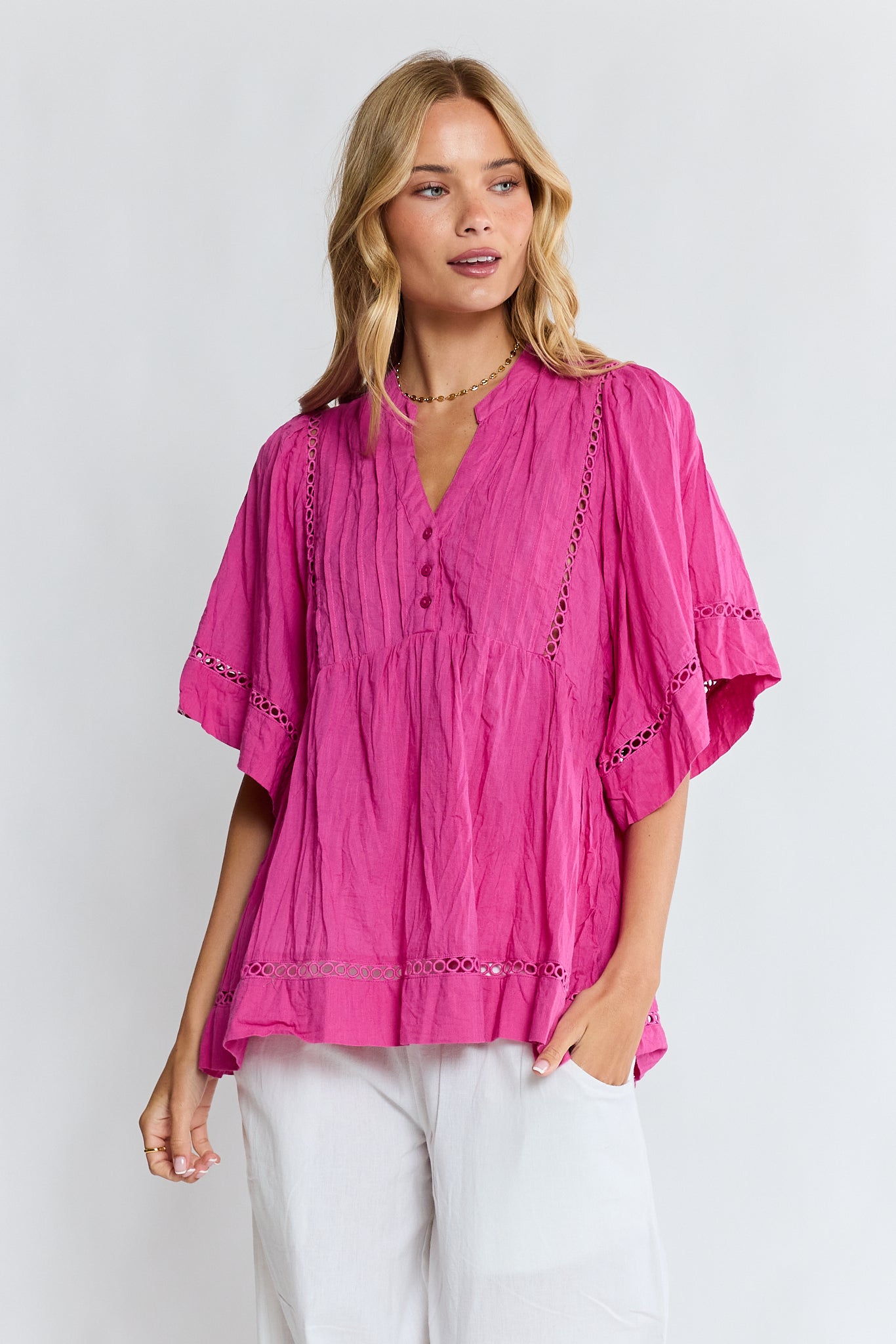 Laverne PIN Tuck Top Fuschia Tops Lula Life