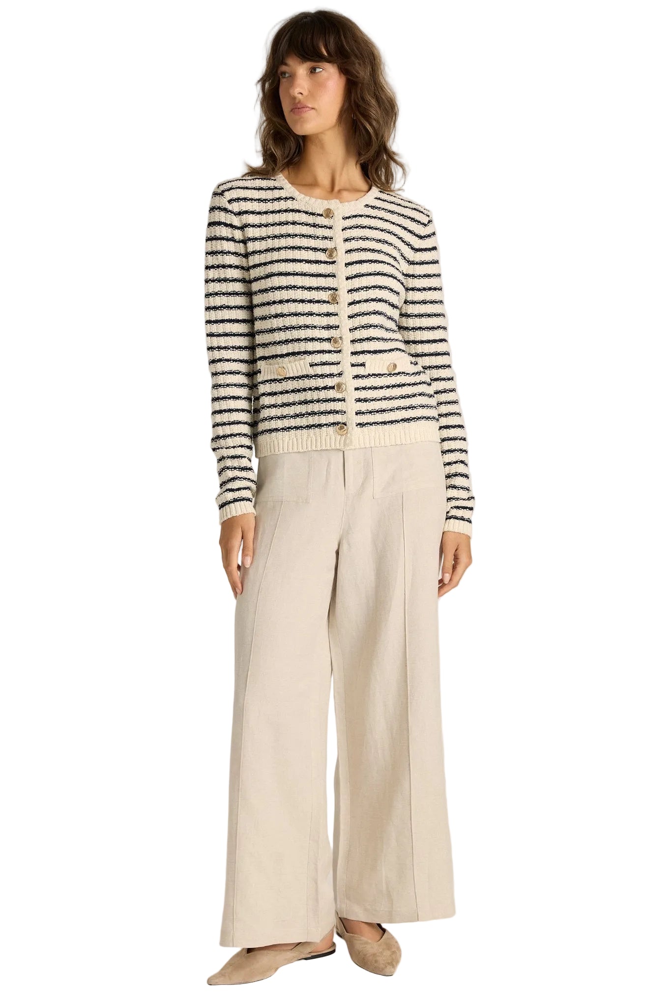 Elle Stripe Knit Cardigan Navy/Cream Tops Fate+Becker S(8)