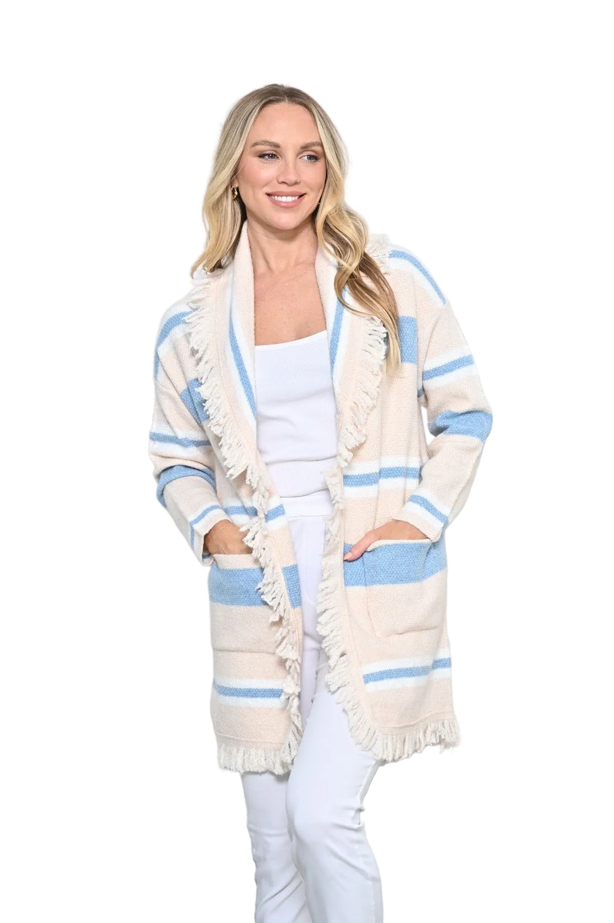 Striped Faux Frayed Cardigan Tops New u Collection S/M(6-10)