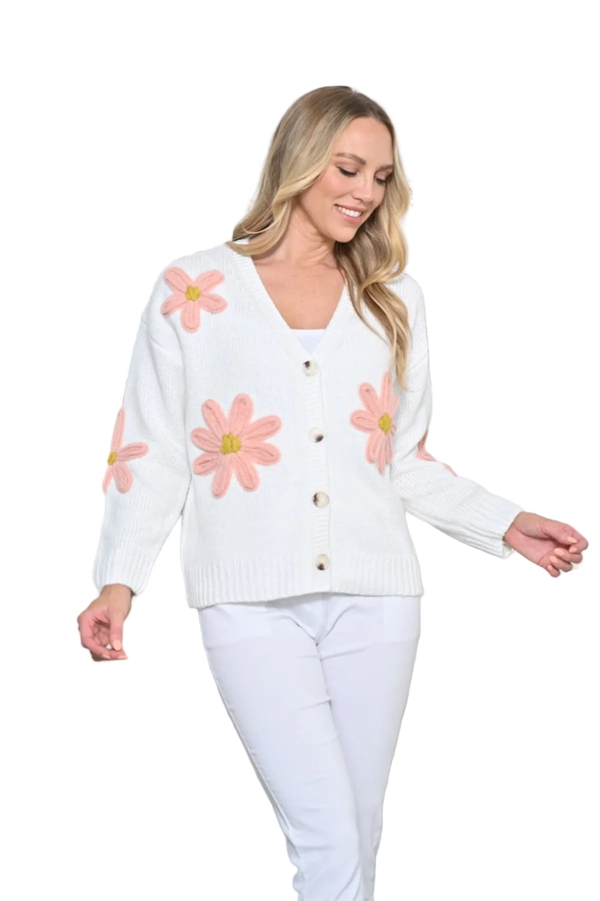 White Cardigan With Pink Flowers Tops New u Collection S/M(6-10)