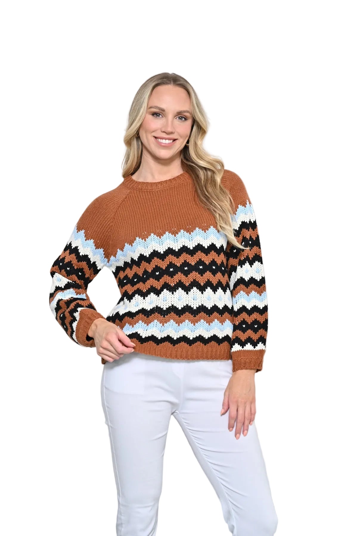 Brown Knit With Zigzag Pattern Tops New u Collection S/M(6-10)