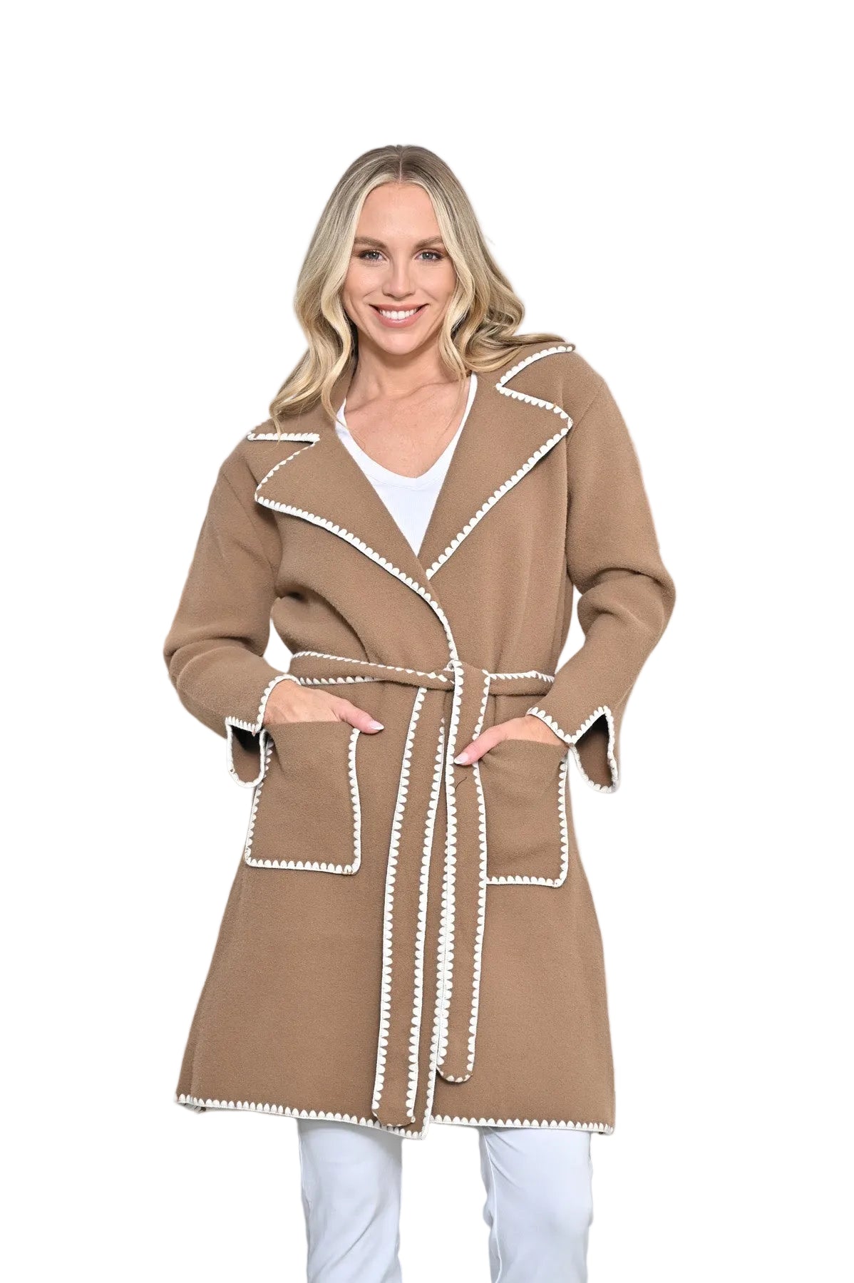 Contrast Stitch Coat with Waist Tie Jackets New u Collection S/M(6-10)