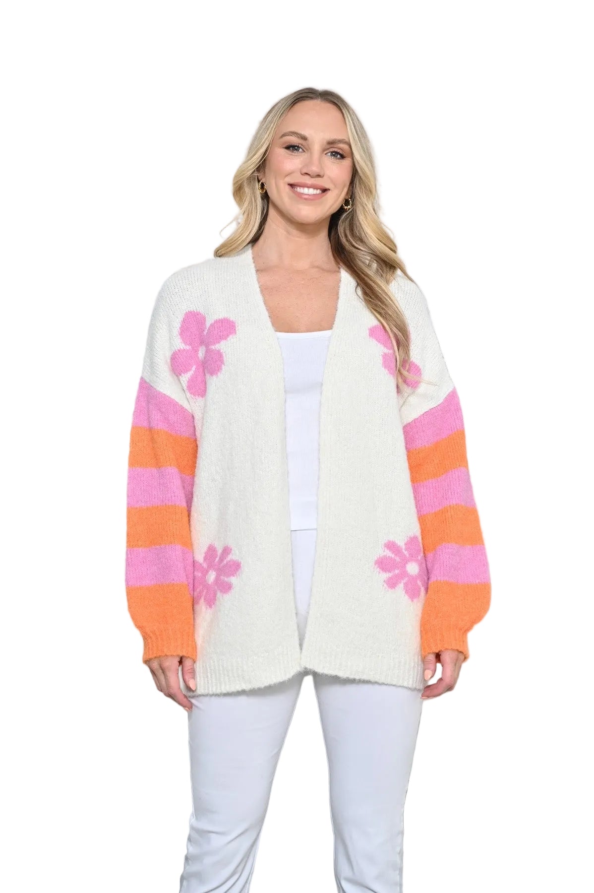 White Cardigan With Striped Sleves And Flowers Tops New u Collection S/M(6-10)