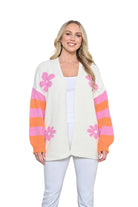 White Cardigan With Striped Sleves And Flowers Tops New u Collection S/M(6-10)