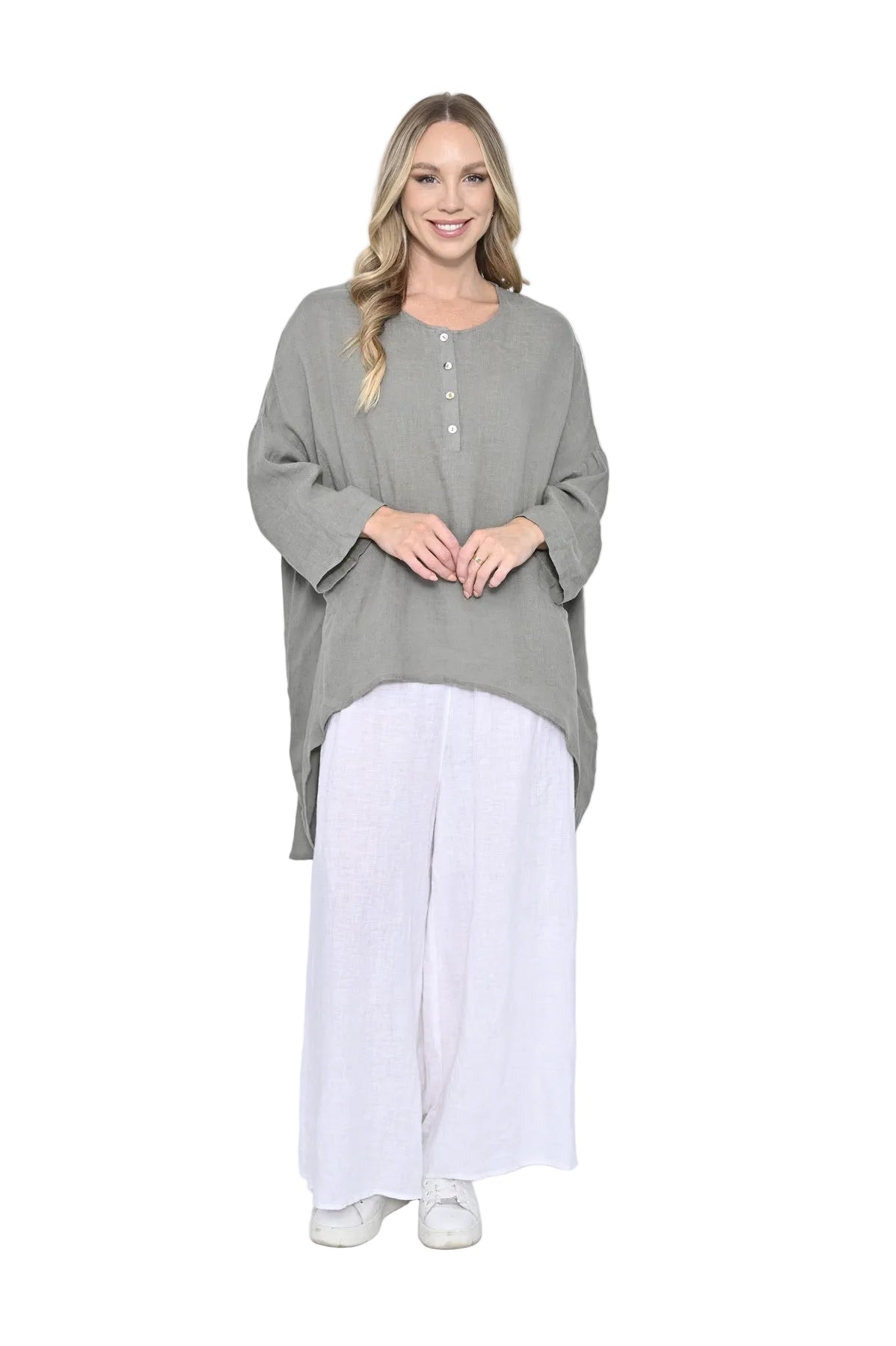 Front Button Long SL Hi Lo Linen Tunic Khaki Tops Cali & Co S/M