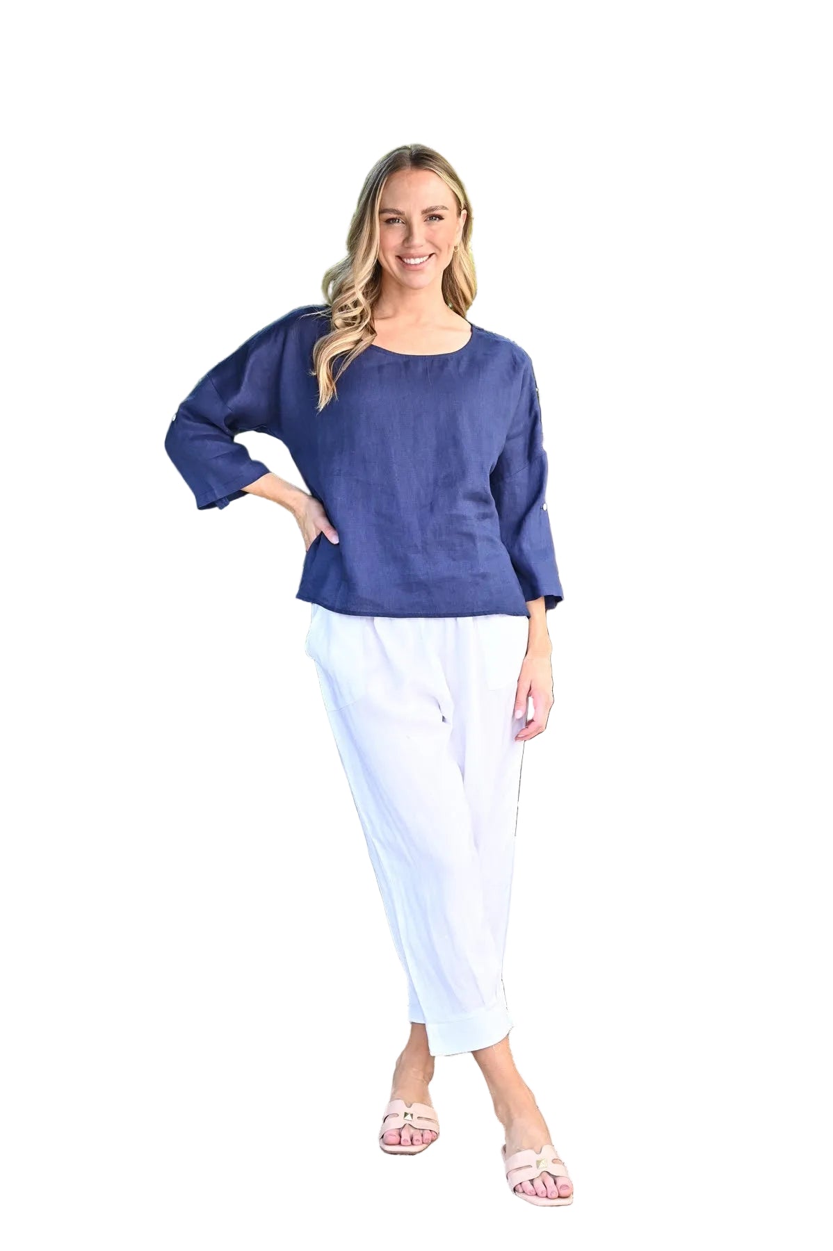 Long SL Loose Fit Linen Top Tops Cali & Co S/M(6-10)