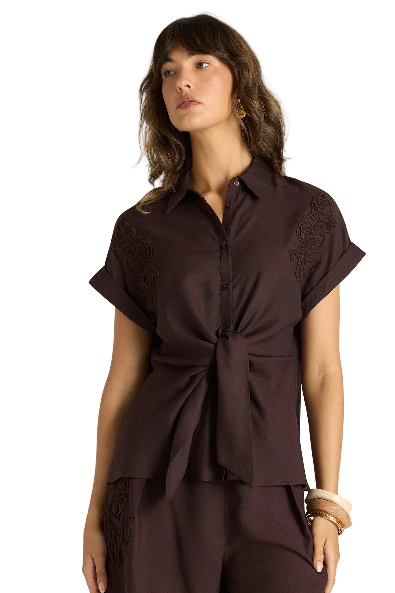 Bronte Embroidered Tie Shirt Chocolate Tops Fate+Becker S(8)