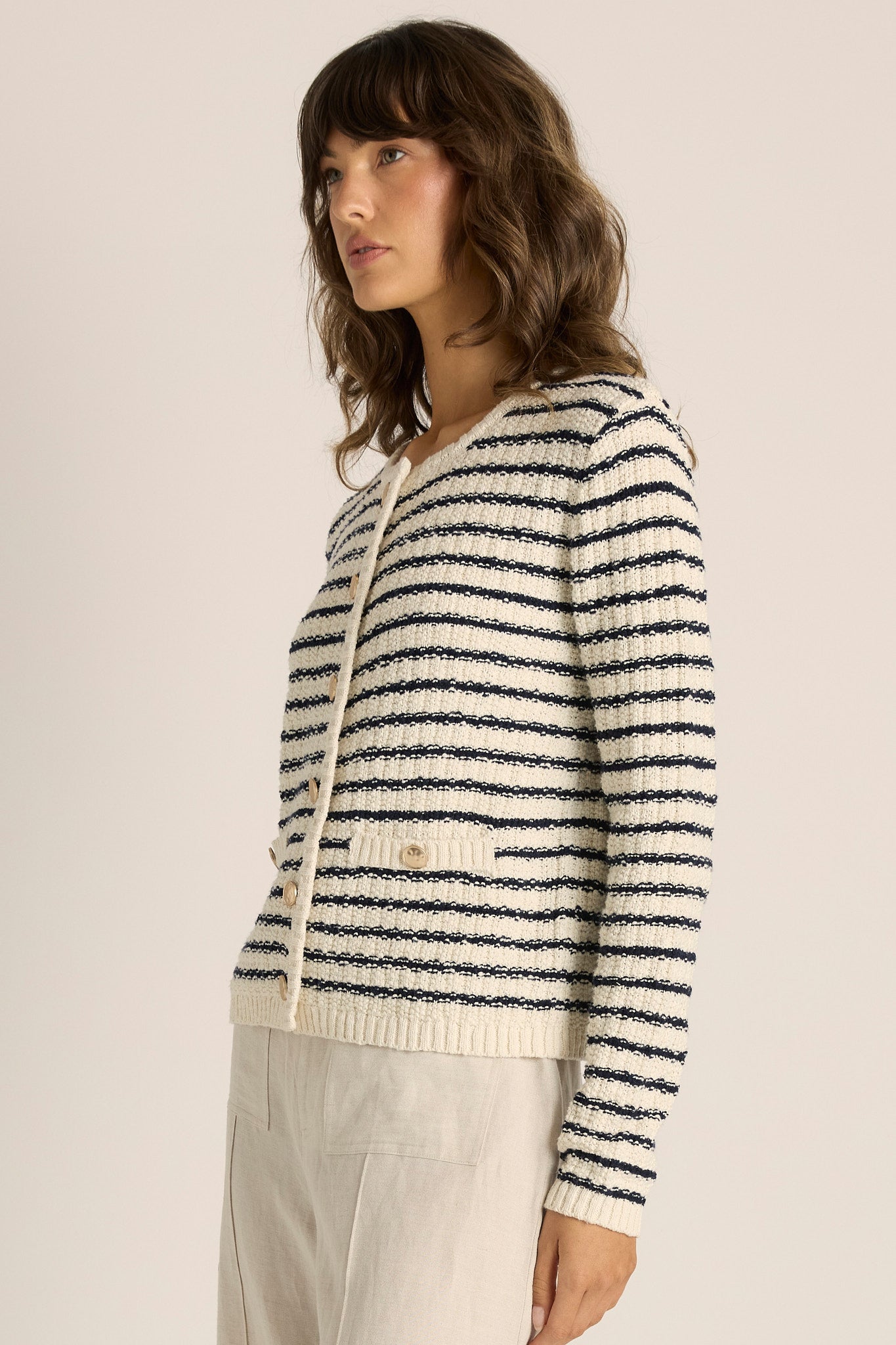 Elle Stripe Knit Cardigan Navy/Cream Tops Fate+Becker