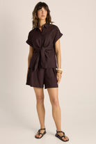 Bronte Embroidered Tie Shirt Chocolate Tops Fate+Becker