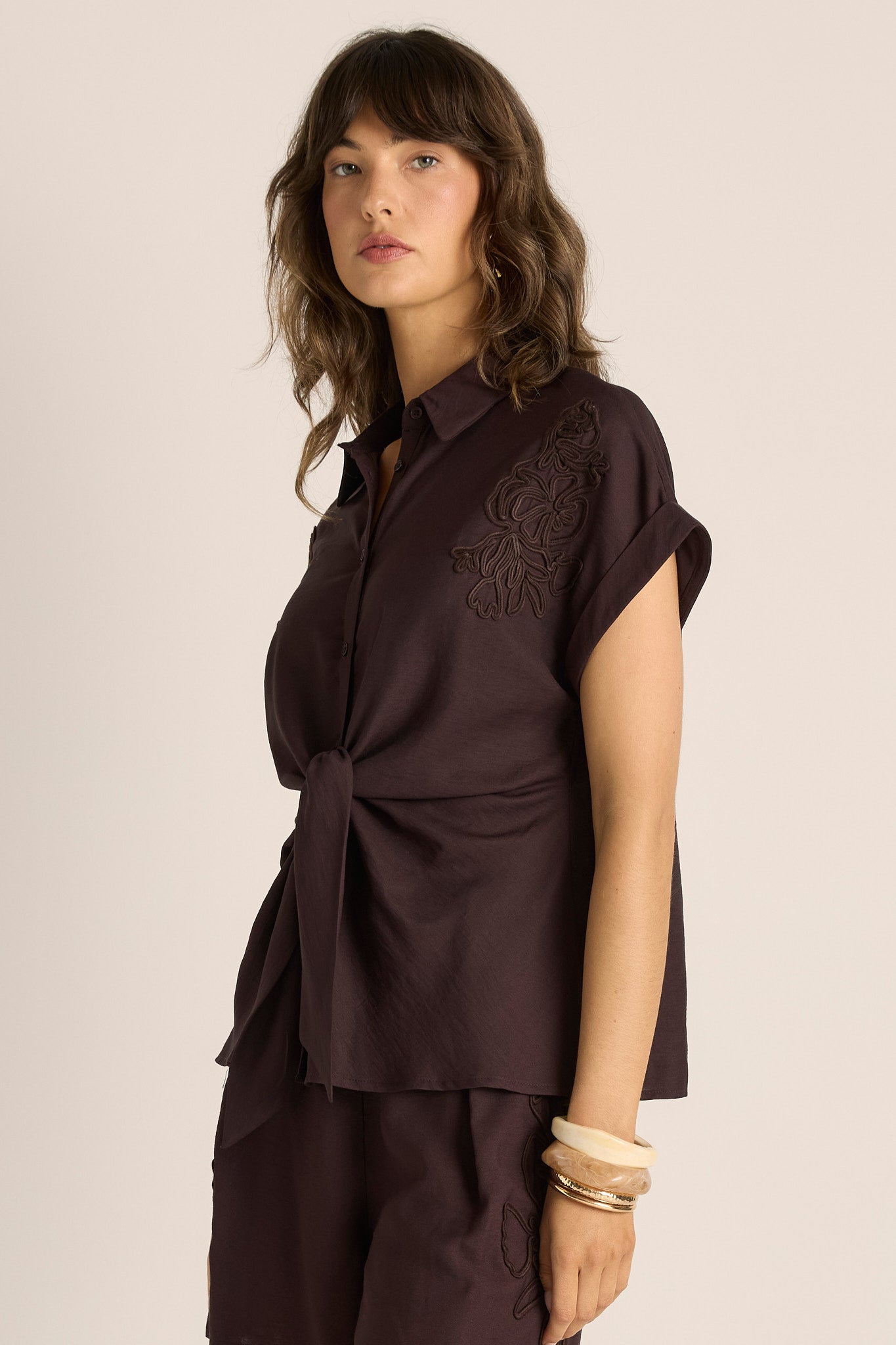 Bronte Embroidered Tie Shirt Chocolate Tops Fate+Becker