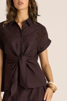 Bronte Embroidered Tie Shirt Chocolate Tops Fate+Becker