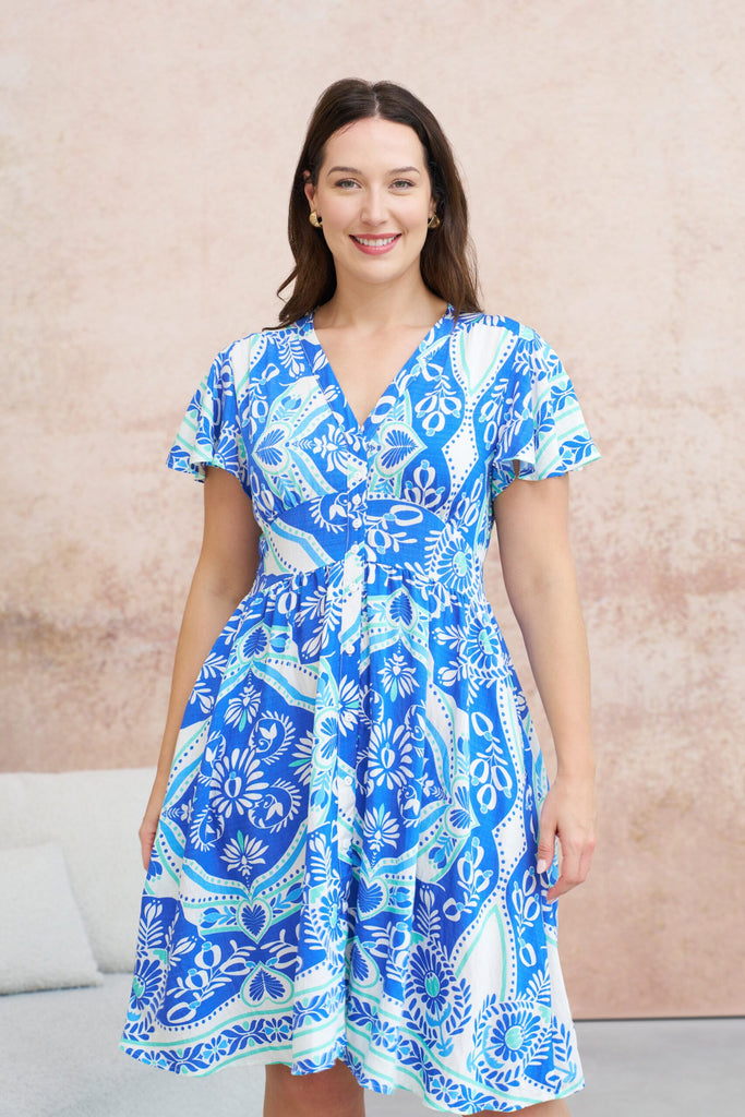 Solara Dress White Blue Print Dresses Boho   