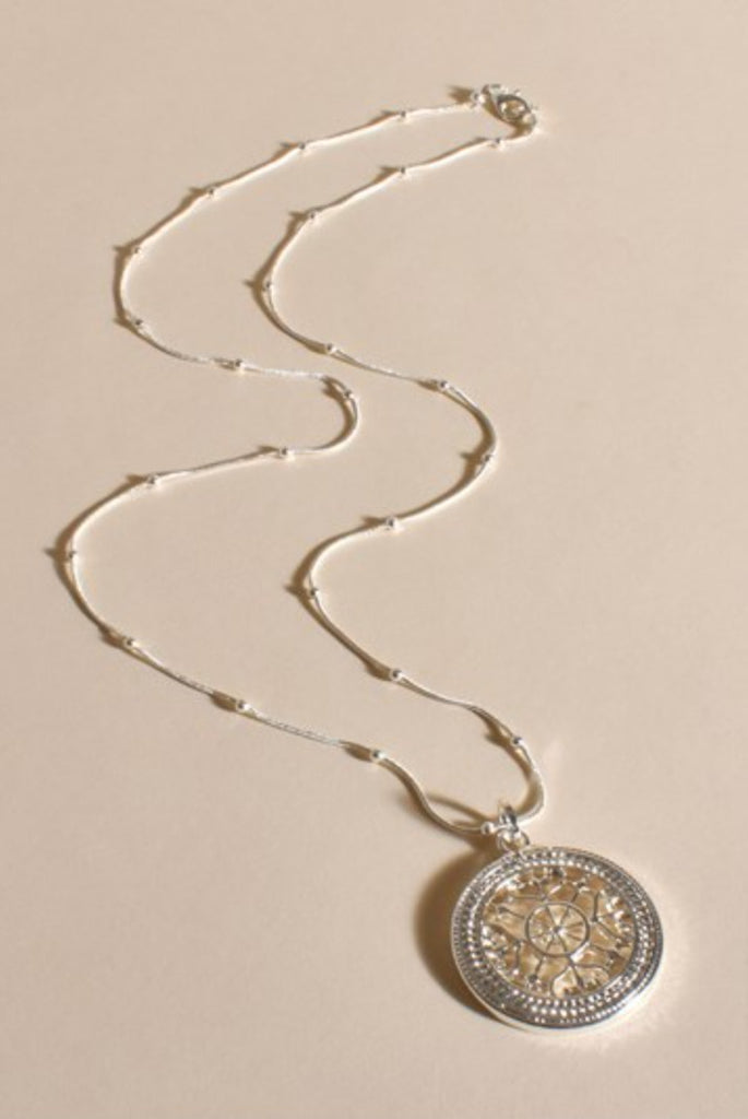 Adorne Patterned Medallion Pendant Silver - Global Free Style