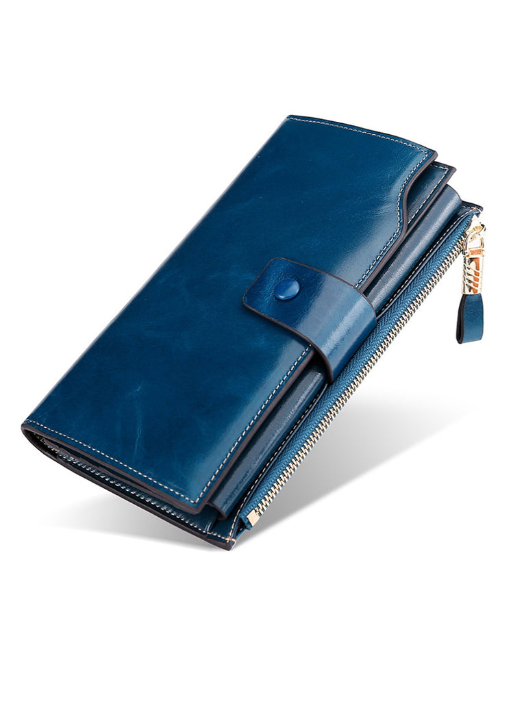 Genuine Soft Leather Wallet Button Blue Large - Global Free Style