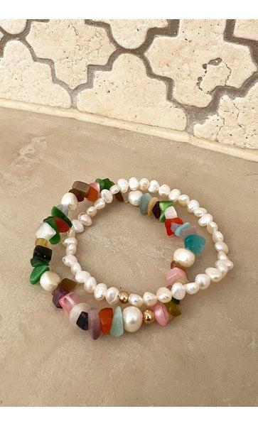 Adorne Stone Chips Pearl Bracelet Set Green/Multi - Global Free Style