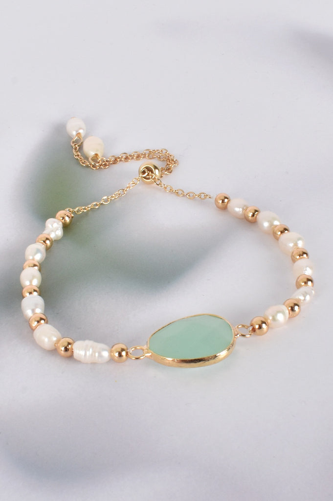 Adorne Stone Pearl Adjustable Bracelet Sea Green/Gold - Global Free Style