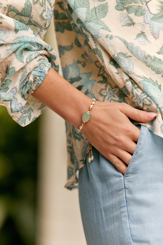Adorne Stone Pearl Adjustable Bracelet Sea Green/Gold - Global Free Style